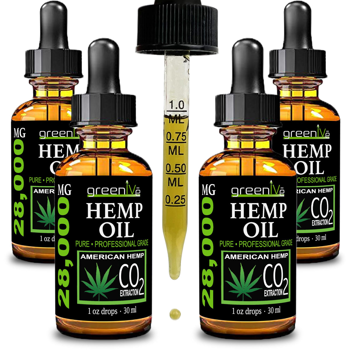 GreenIVe Hemp Oil Drops bottle shows ultra-high potency for daily use.