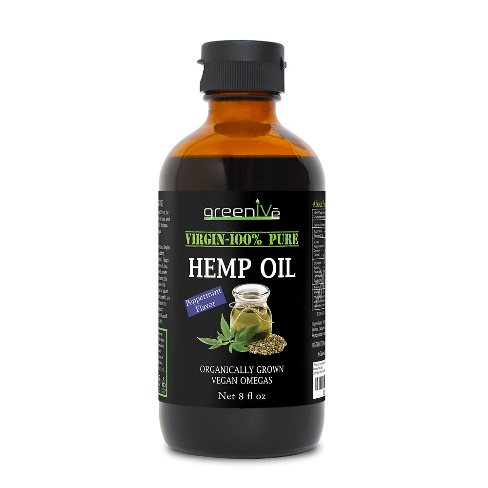 GreenIVe virgin cold pressed hemp oil pour showing purity and quality