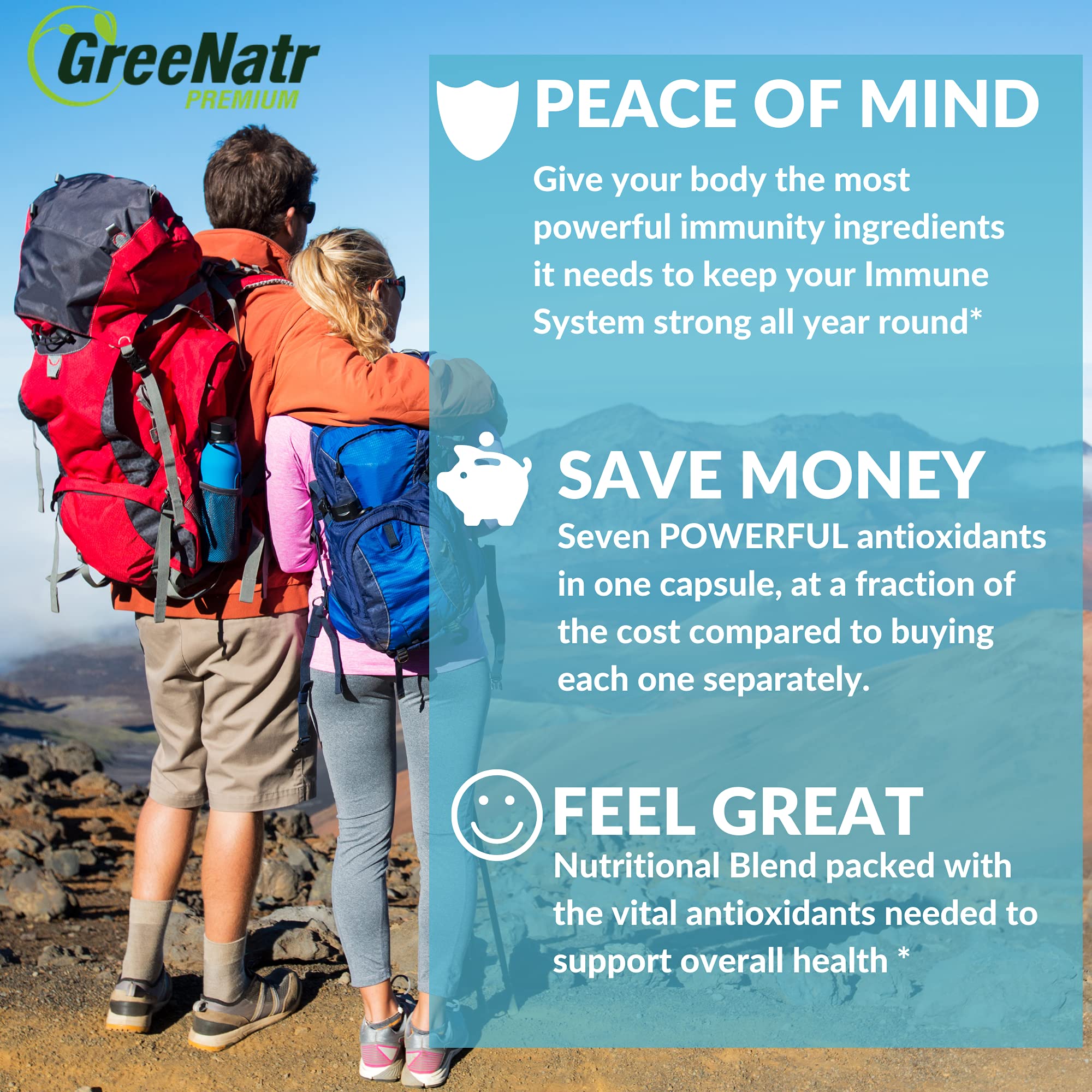 GreeNatr immune capsules closeup showing easy-to-swallow veggie capsules