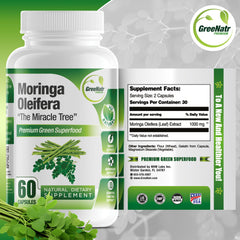 GreeNatr Organic Moringa leaves highlight plant-based nutrients.