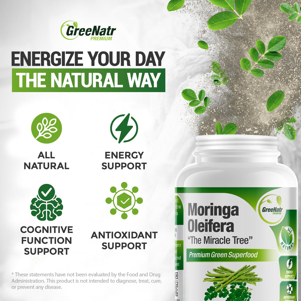GreeNatr Pure Moringa capsules closeup shows natural antioxidants.