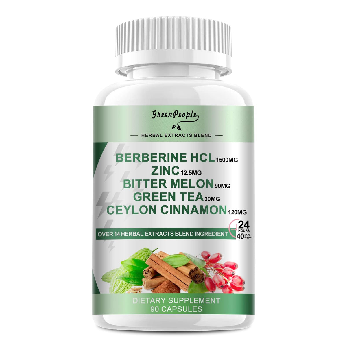 GreenPeople Berberine bottle label showcases 1500 mg per serving for daily immune support.