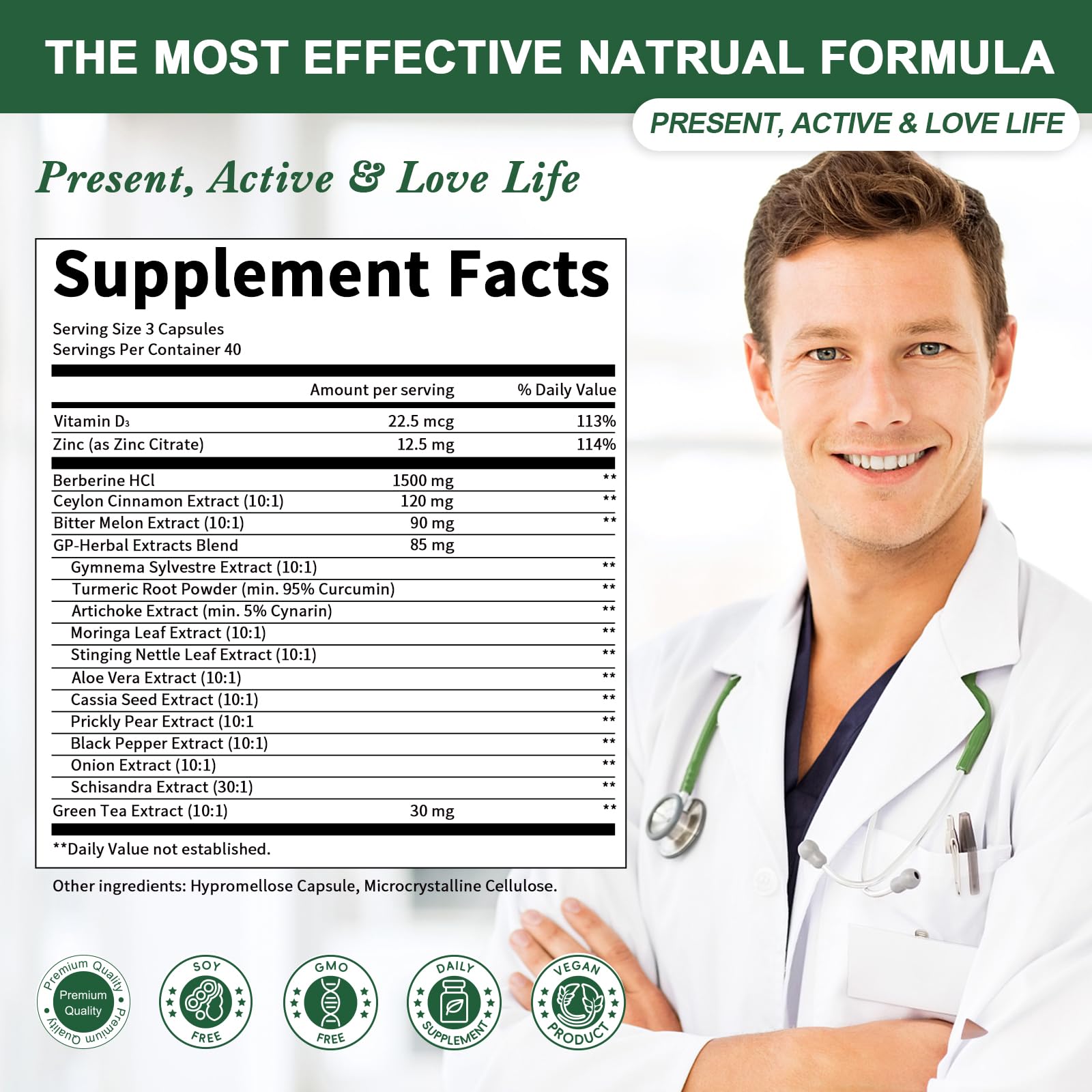 GREENPEOPLE Berberine daily dosing guide showing three capsules per day.