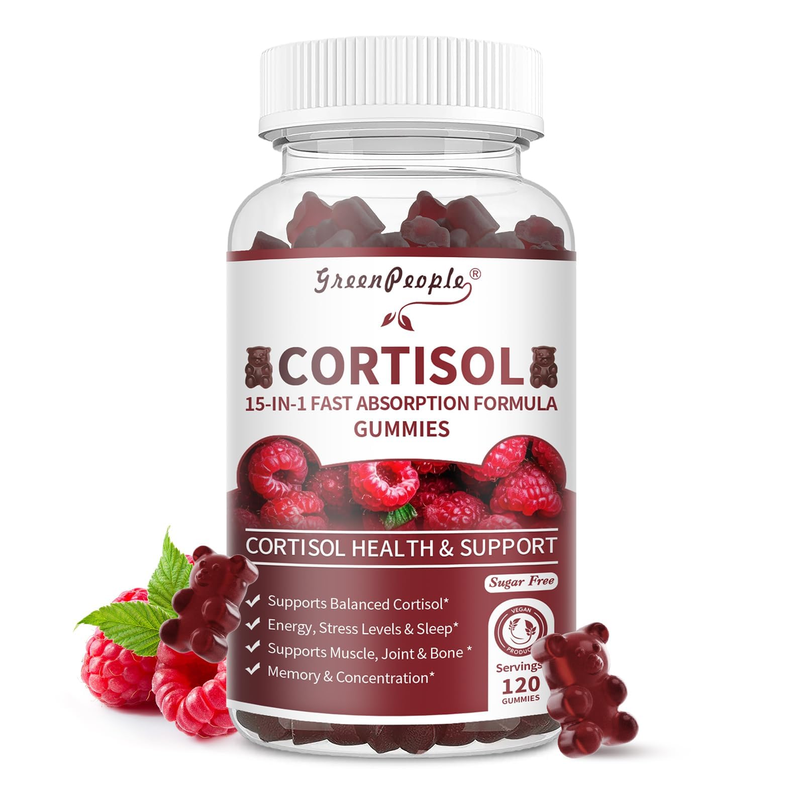 GREENPEOPLE Cortisol Gummies raspberry bottle supports daily stress relief