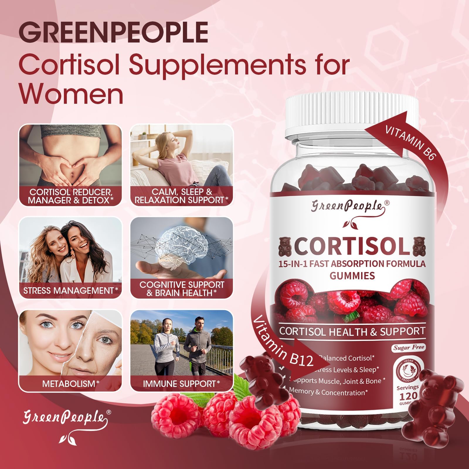 GREENPEOPLE Cortisol Gummies close-up texture shows chewy raspberry flavor