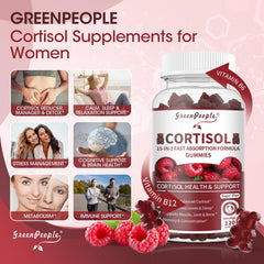 GREENPEOPLE Cortisol Gummies close-up texture shows chewy raspberry flavor