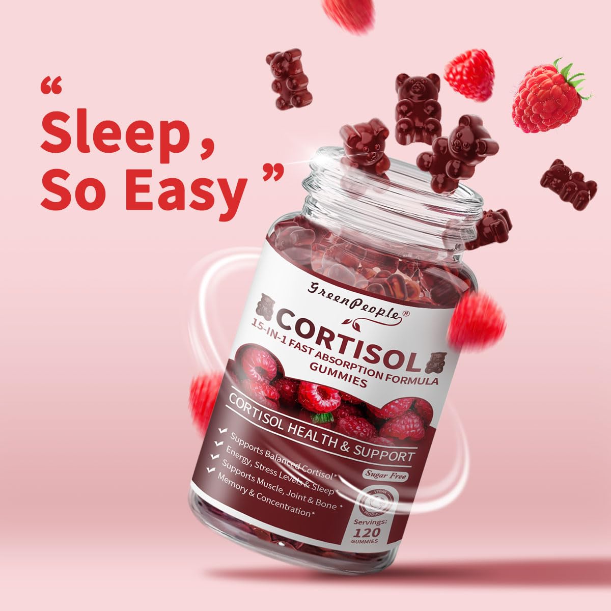 GREENPEOPLE Cortisol Gummies label highlights natural ingredients for balance