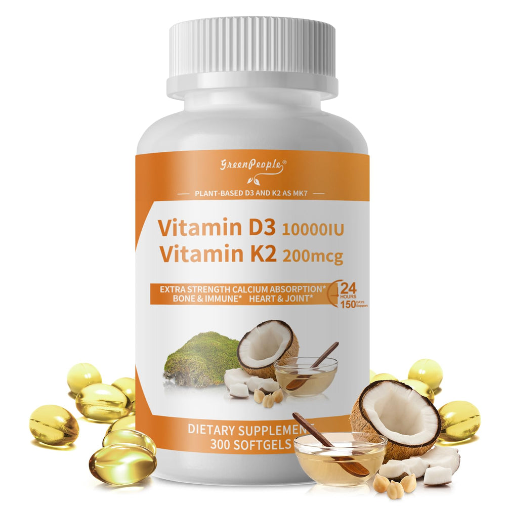 GreenPeople K2D3 softgels bottle with vegan formula for bone support.