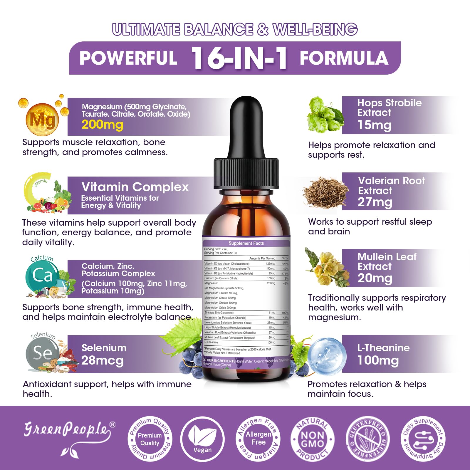 GREENPEOPLE Magnesium Glycinate Liquid Drops label highlighting 5-in-1 formula.