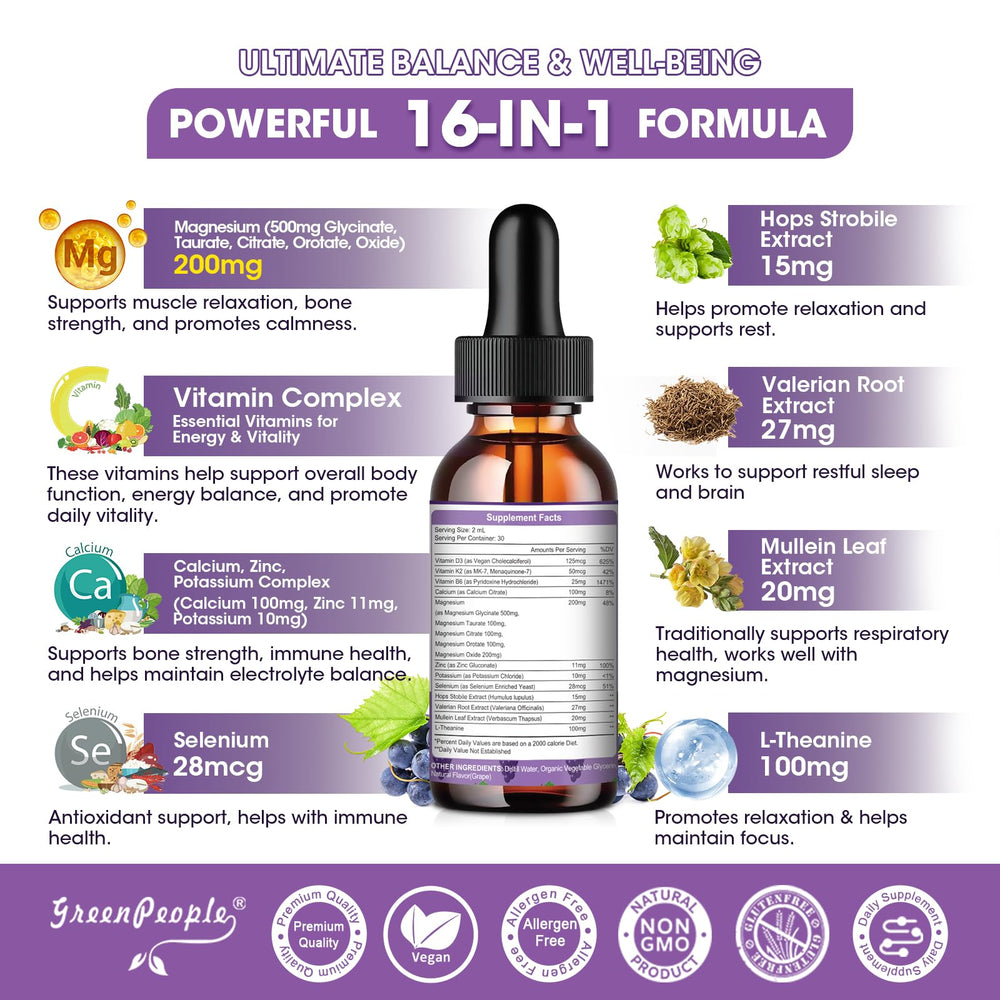 GREENPEOPLE Magnesium Glycinate Liquid Drops label highlighting 5-in-1 formula.