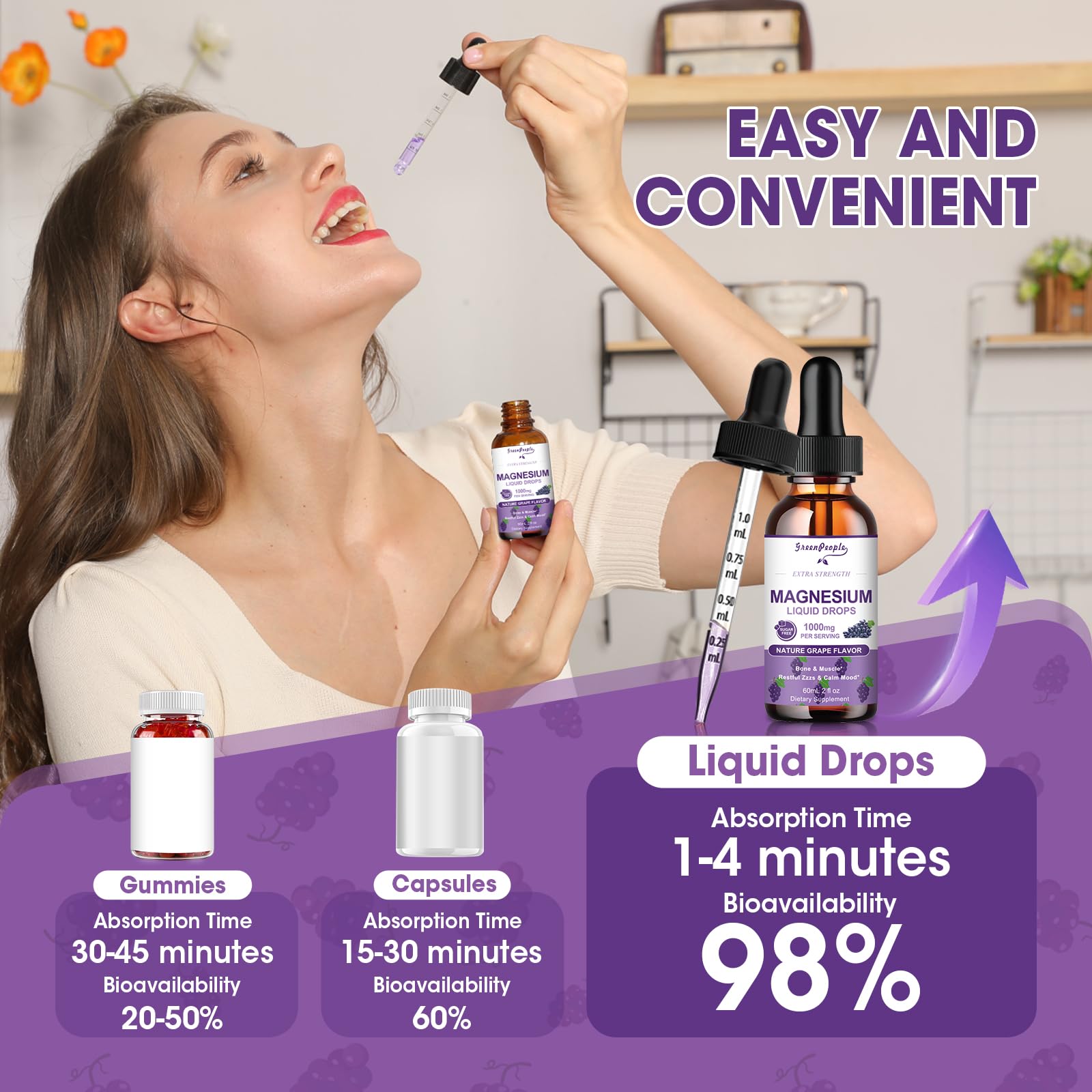 GREENPEOPLE Magnesium Glycinate Liquid Drops pour with grape flavor.