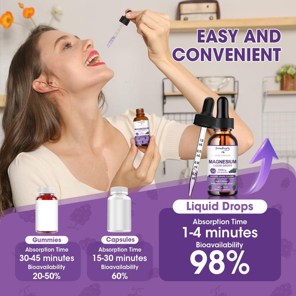GREENPEOPLE Magnesium Glycinate Liquid Drops pour with grape flavor.