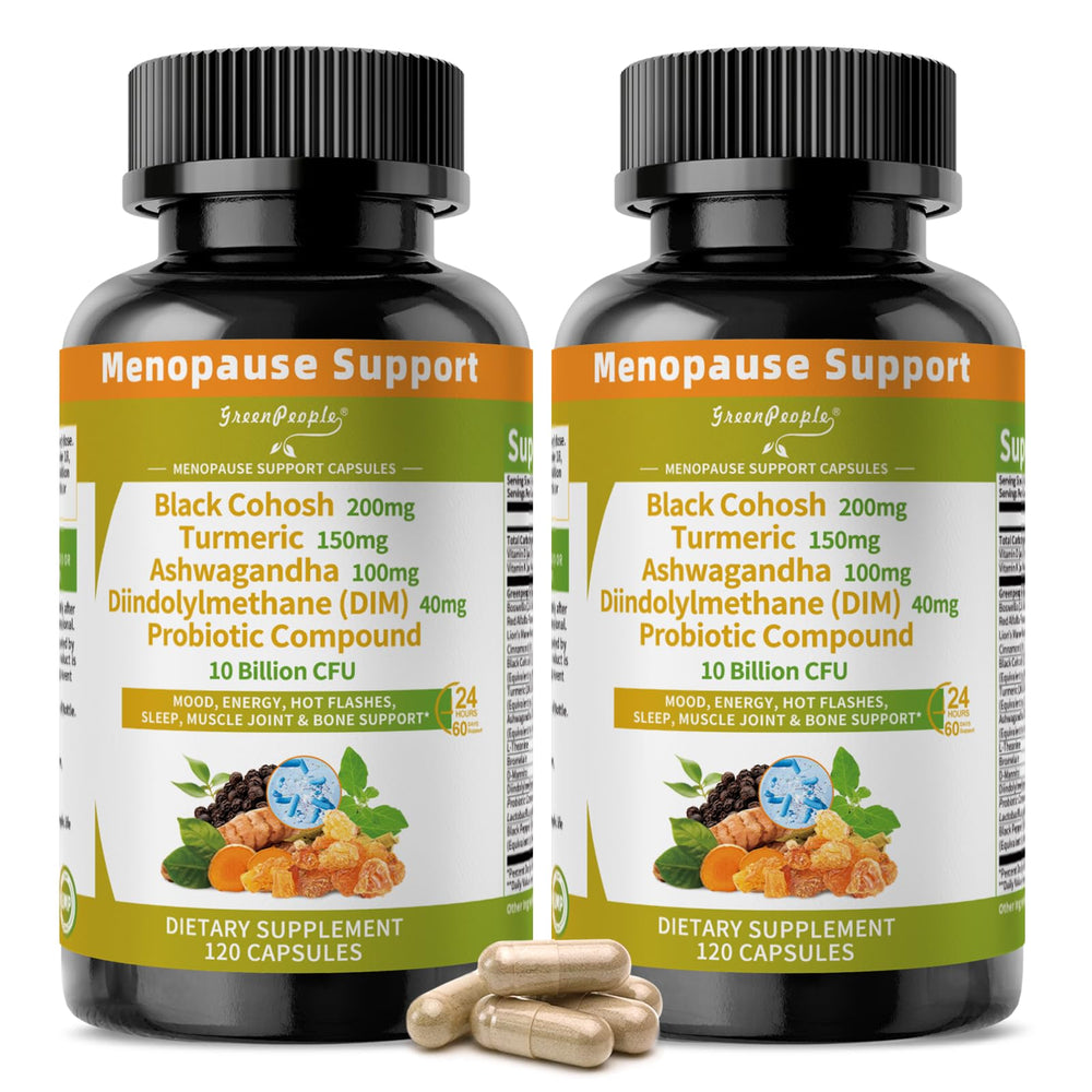 GreenPeople menopause bottle closeup showing herbal blend for hormonal balance support.
