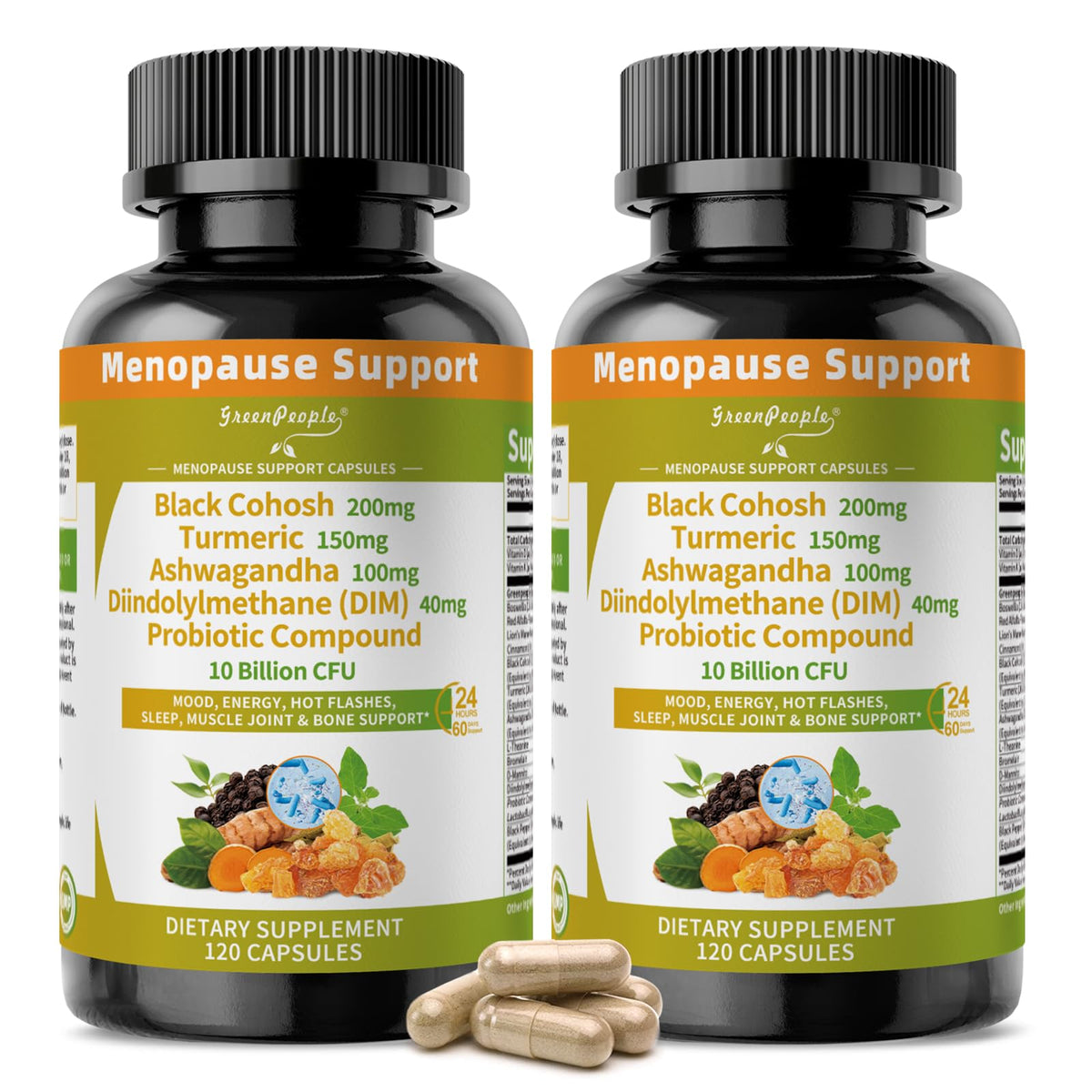GreenPeople menopause bottle closeup showing herbal blend for hormonal balance support.