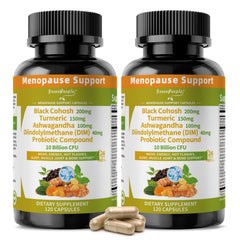 GreenPeople menopause bottle closeup showing herbal blend for hormonal balance support.