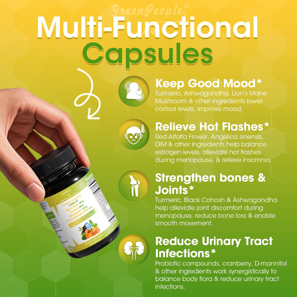 GreenPeople menopause capsules closeup show black cohosh and ashwagandha blend.