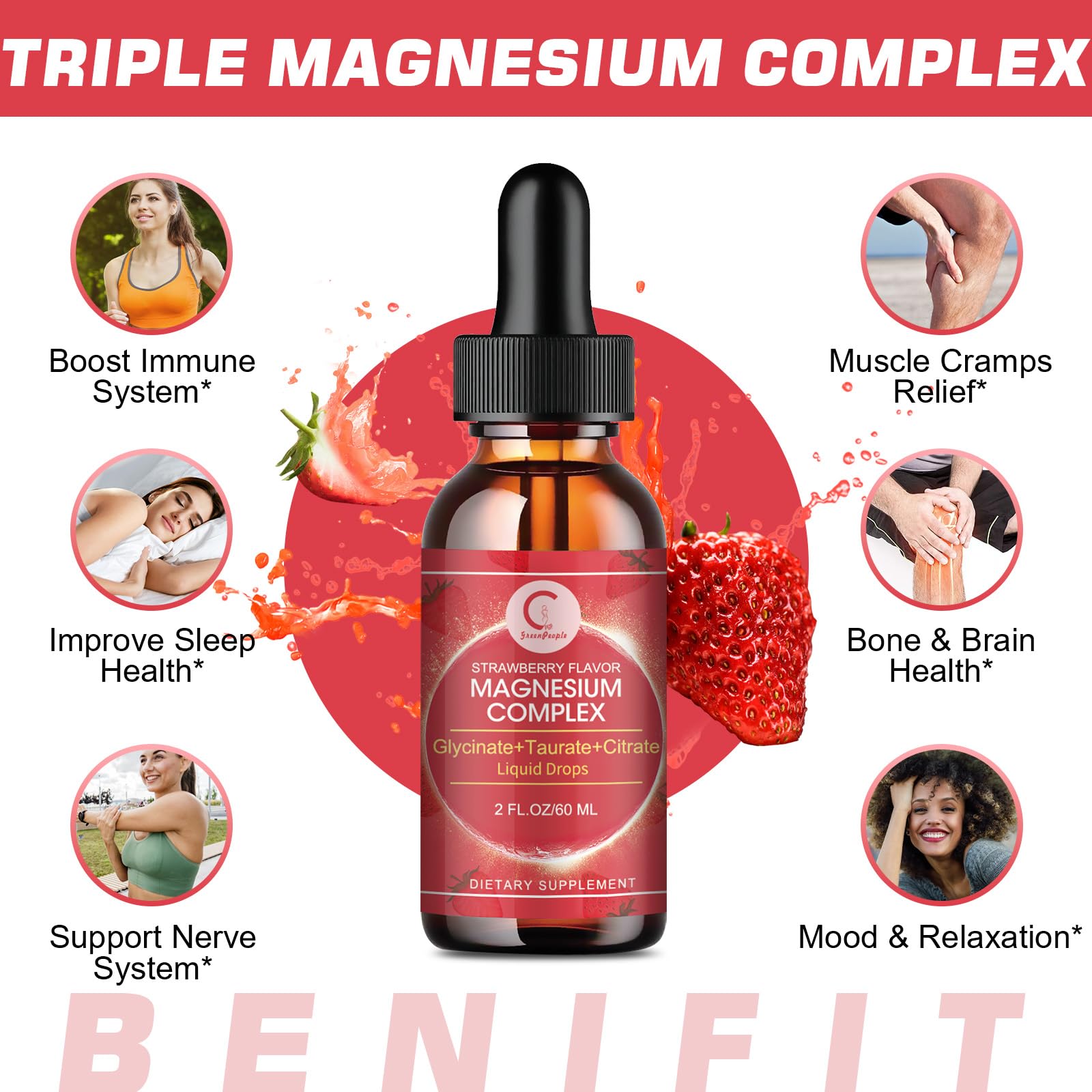 Pouring drops into glass suggests strawberry flavor and simple dosing ritual.