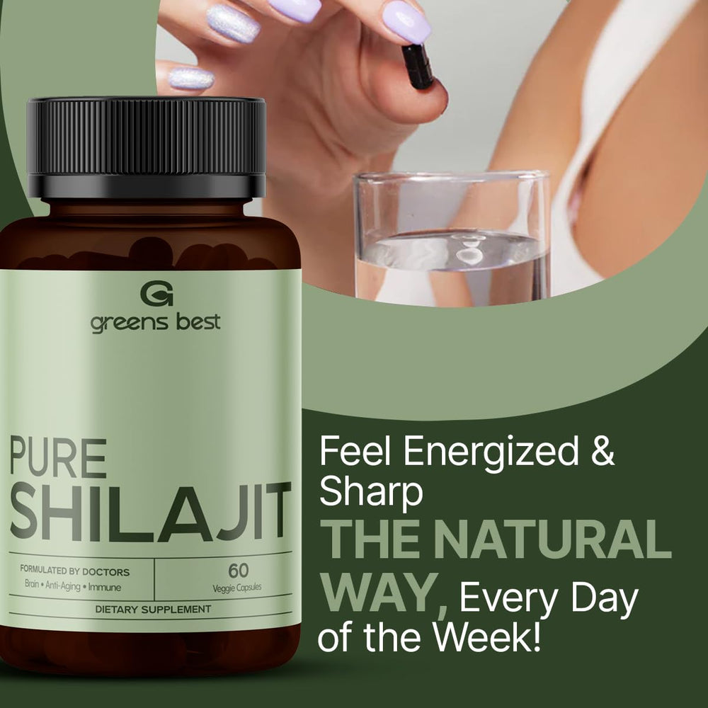 GREEN'S BEST Shilajit label shows 20% fulvic acid for absorption.