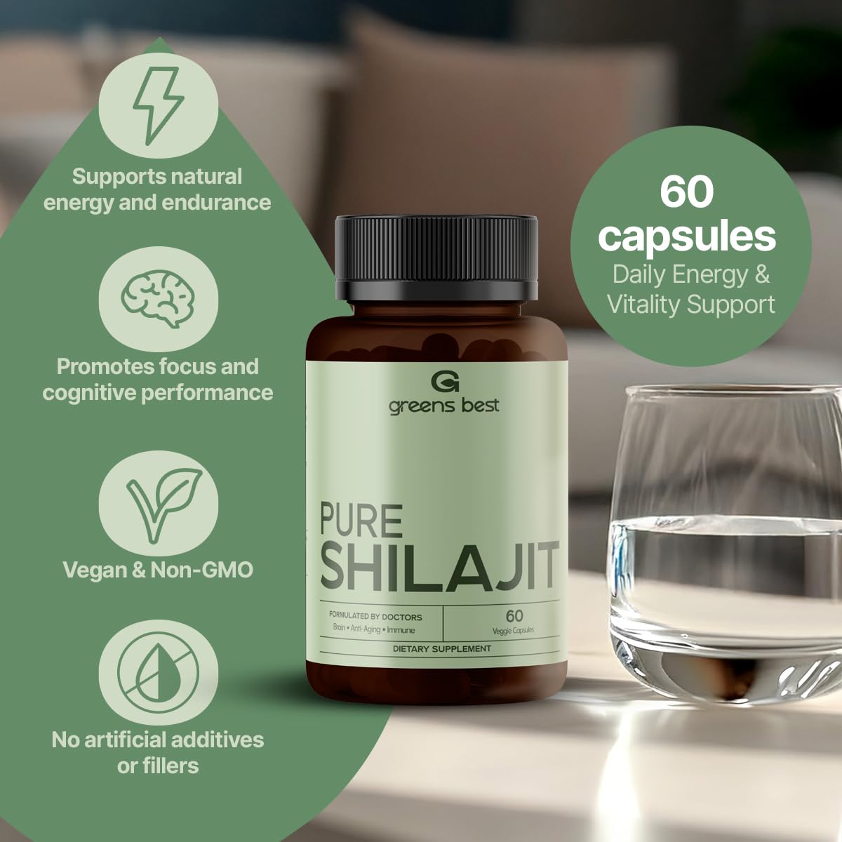 GREEN'S BEST capsules with water for easy swallowing.