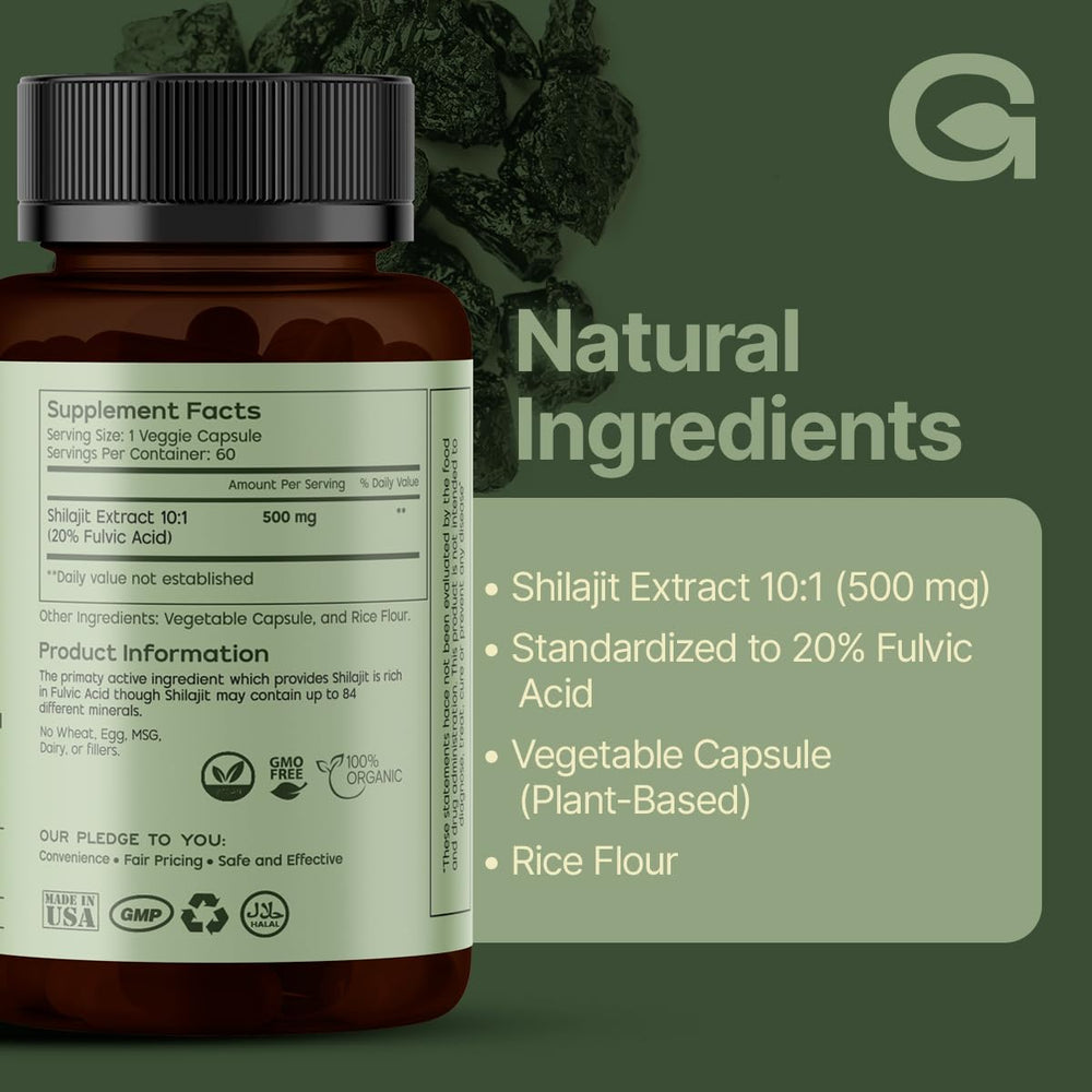 GREEN'S BEST Shilajit capsules beside gym gear for endurance.