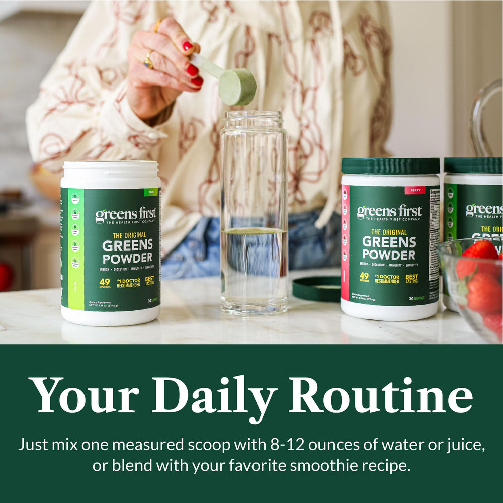 Greens First digestive enzymes packaging hints at easier digestion and comfort.