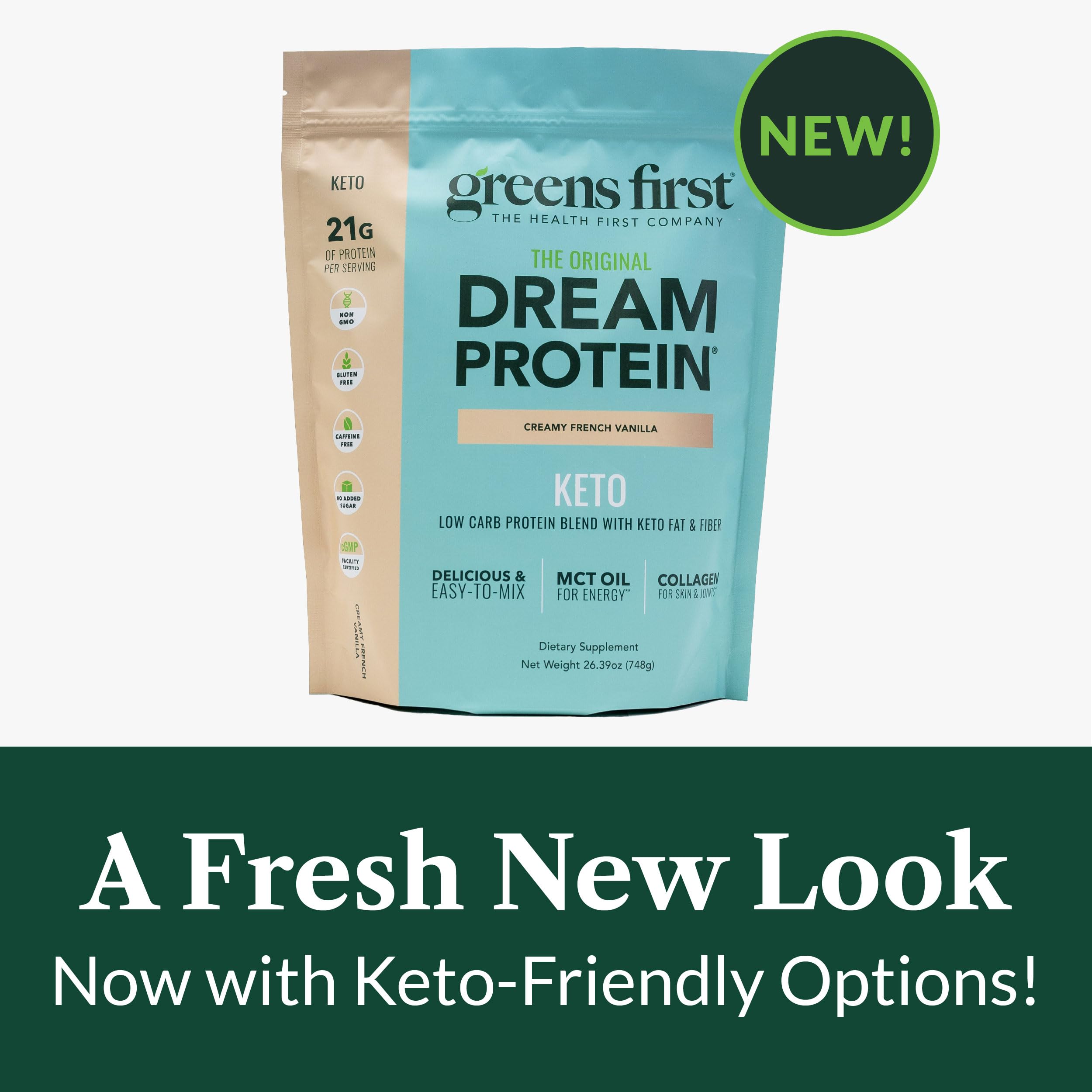 Collagen, whey, and egg white proteins visible in Greens First Dream Protein Keto.