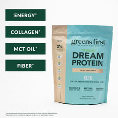 Close-up of the Greens First Dream Protein Keto label showing non-GMO and gluten-free marks.
