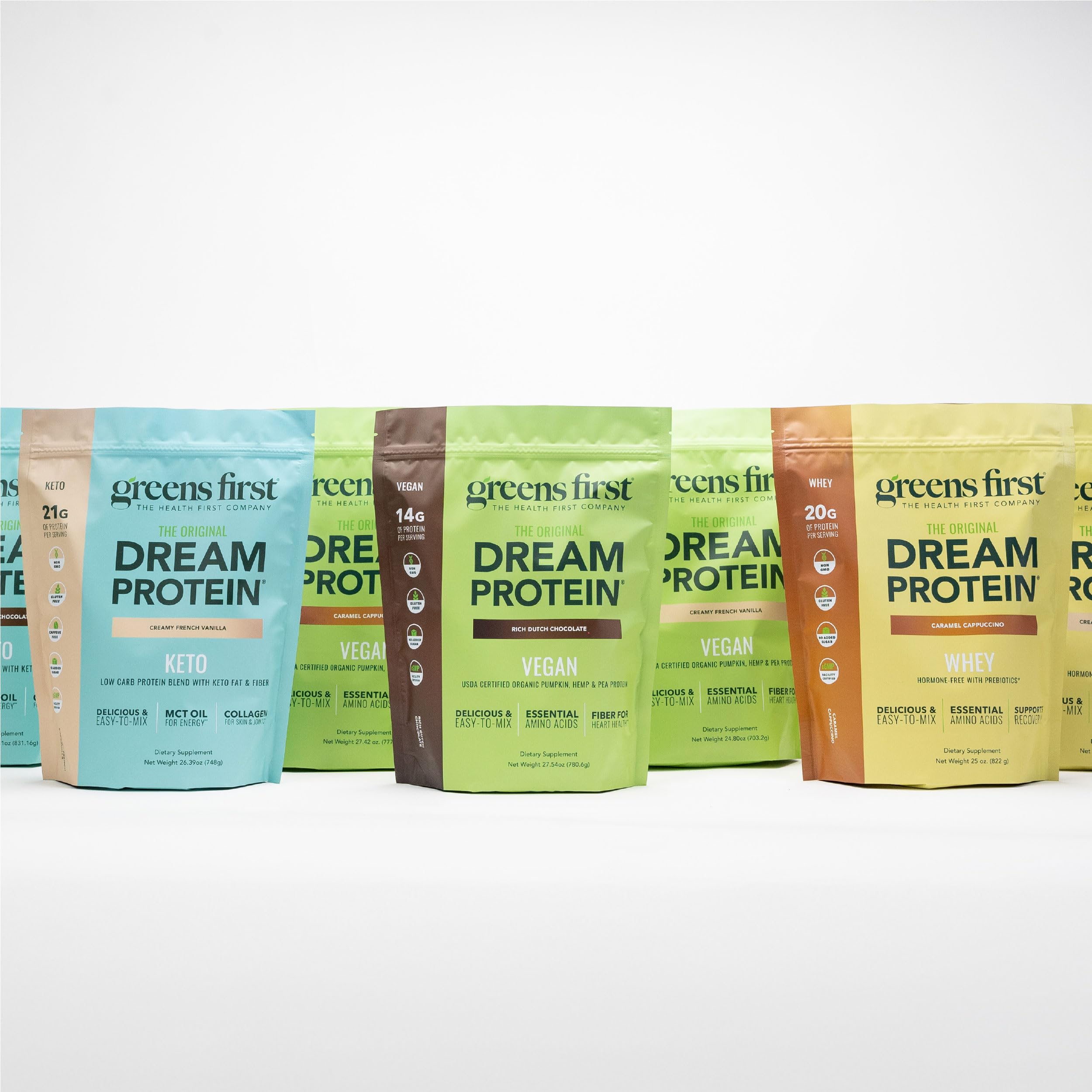 Pouring a creamy French Vanilla Greens First Dream Protein Keto shake into a glass.