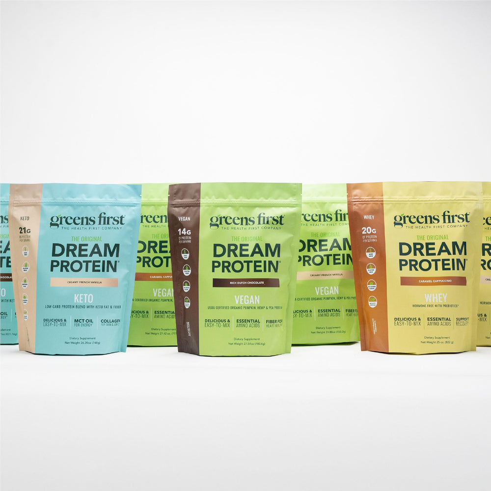 Pouring a creamy French Vanilla Greens First Dream Protein Keto shake into a glass.