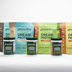 Greens First Dream Protein Powder Collagen peptides bottle reveals skin and joint support aroma