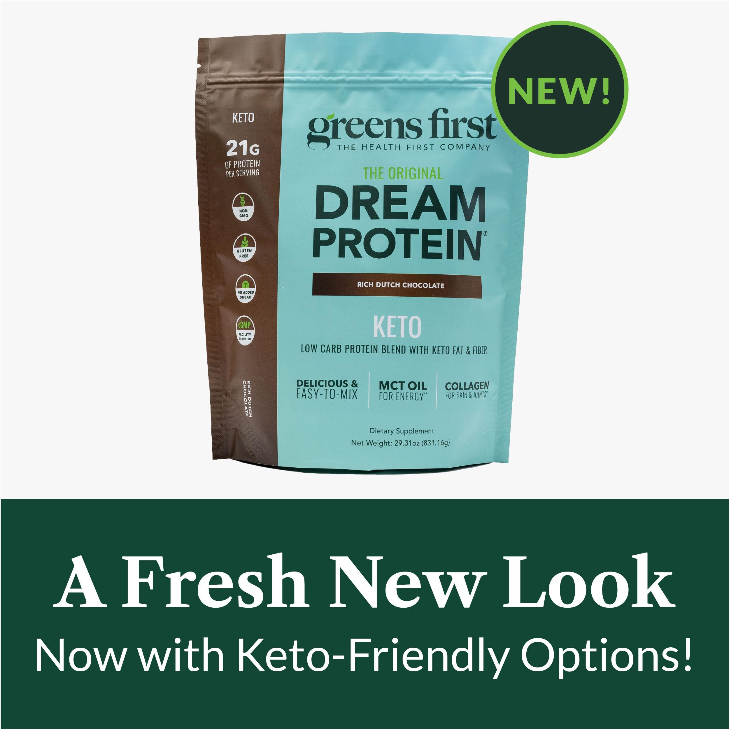 Greens First Dream Protein Powder Ingredients label shows clean, non-GMO and gluten-free promise