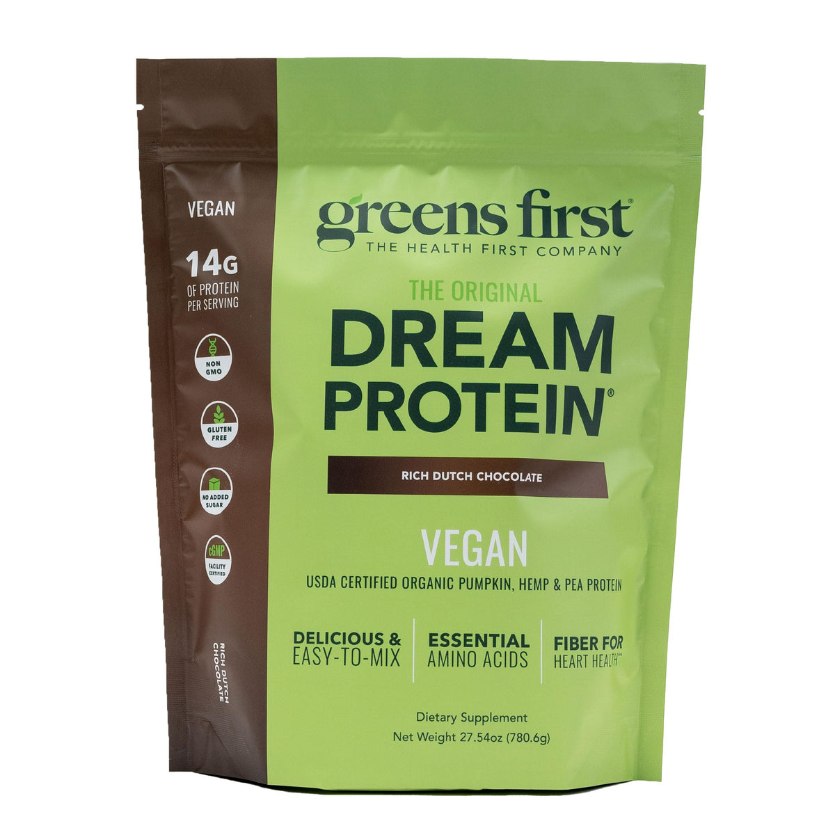 Greens First Dream Protein pumpkin flavor bottle pour supports plant-based nourishment
