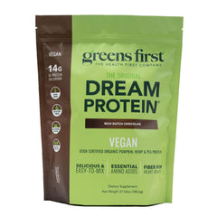 Greens First Dream Protein pumpkin flavor bottle pour supports plant-based nourishment