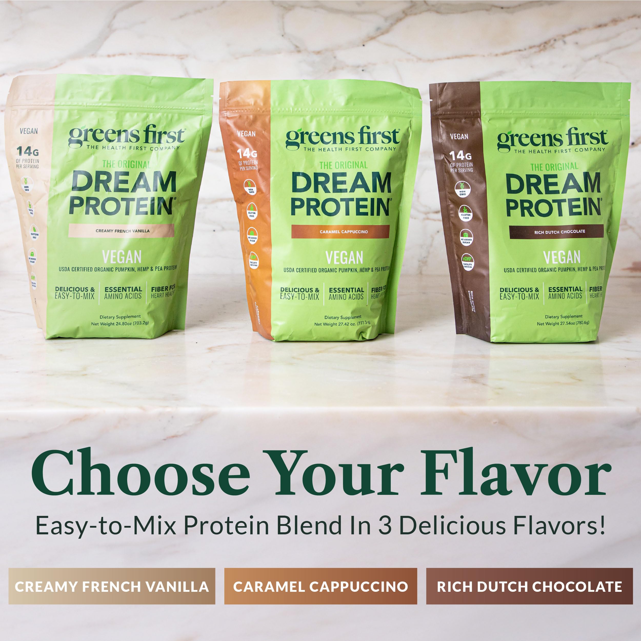 Greens First Dream Protein dutch chocolate scoop rich shake