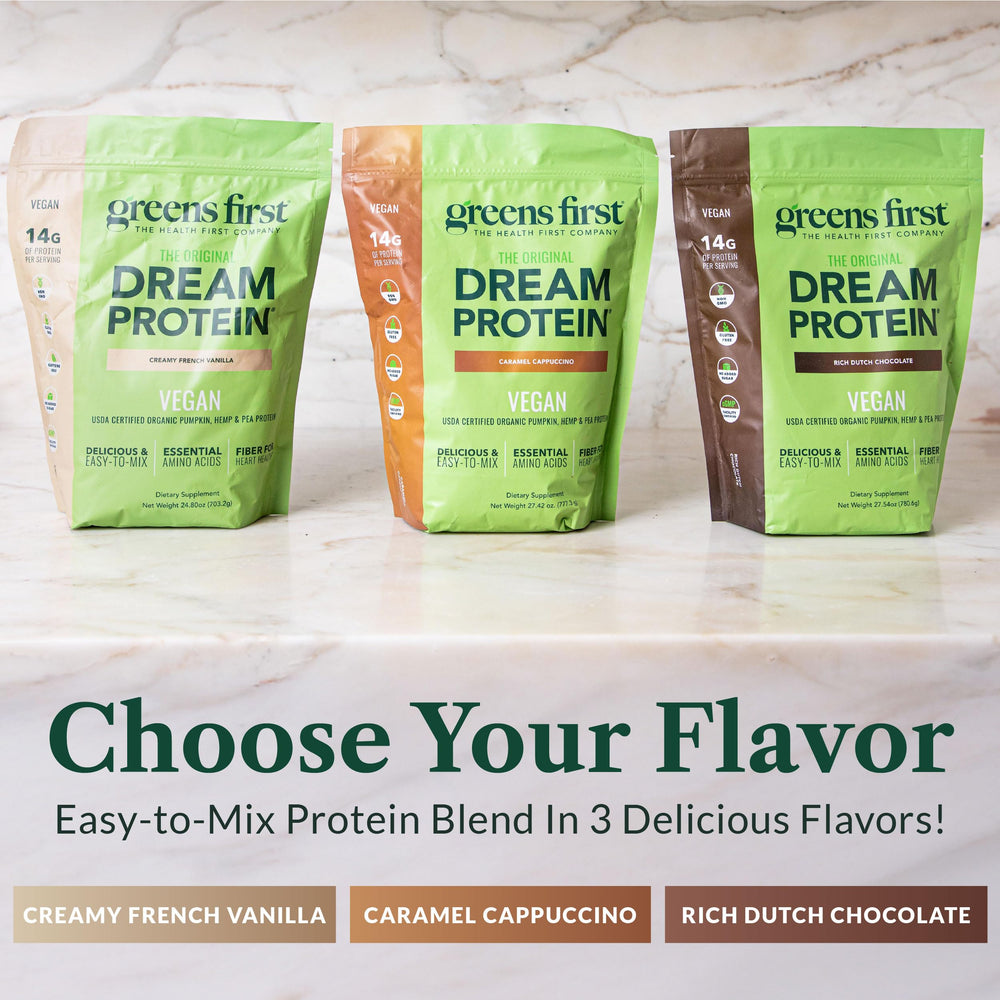 Greens First Dream Protein dutch chocolate scoop rich shake