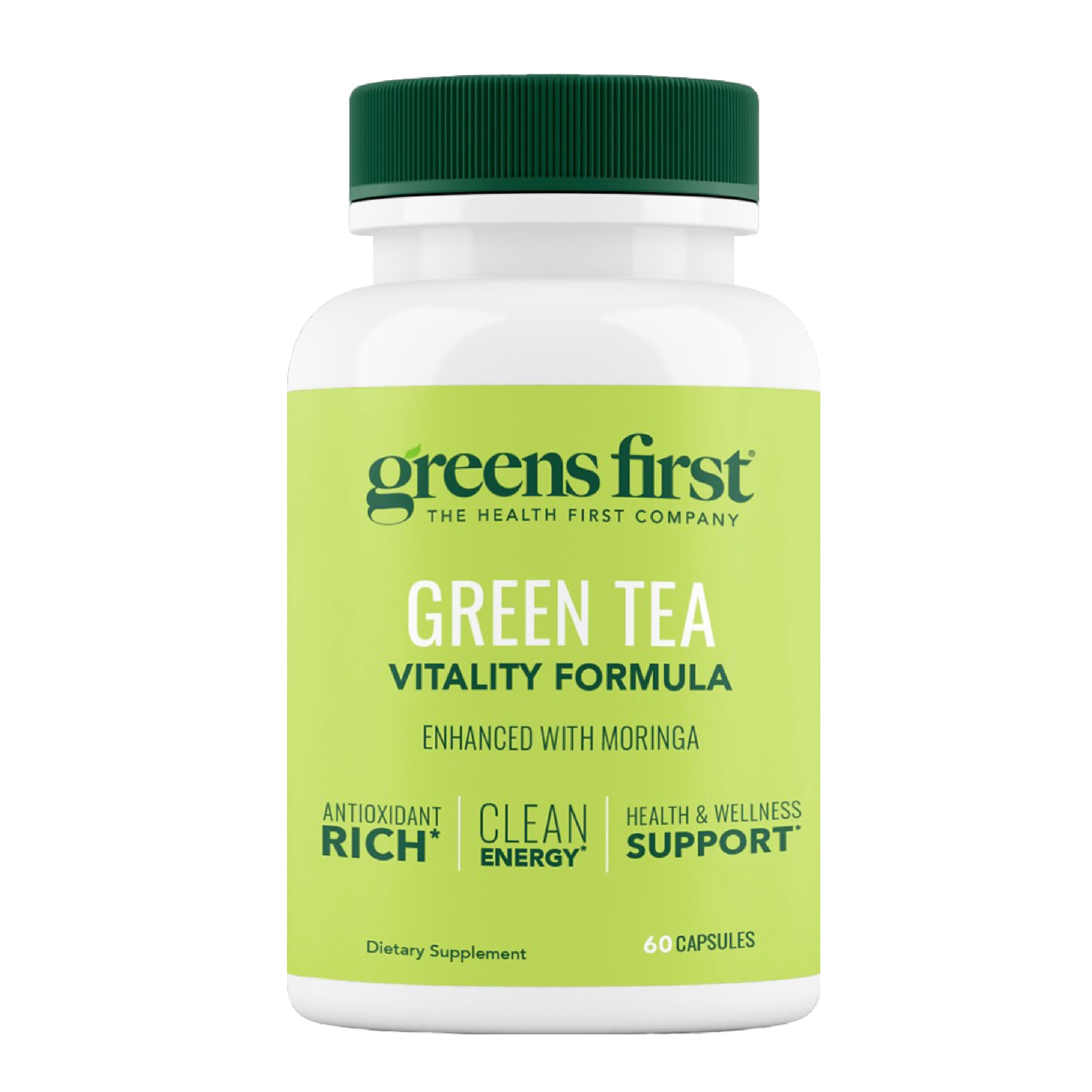 Greens First Green Tea Vitality Formula bottle with vegan, gluten-free energy support.
