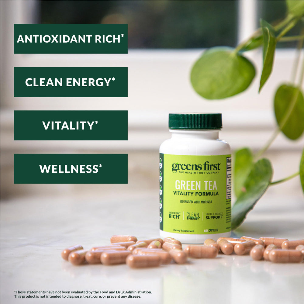 Greens First Green Tea Vitality Formula capsules provide antioxidant-rich daily support.