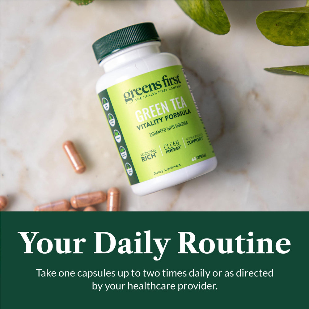 Morning routine with Greens First capsule for a calm energy lift.
