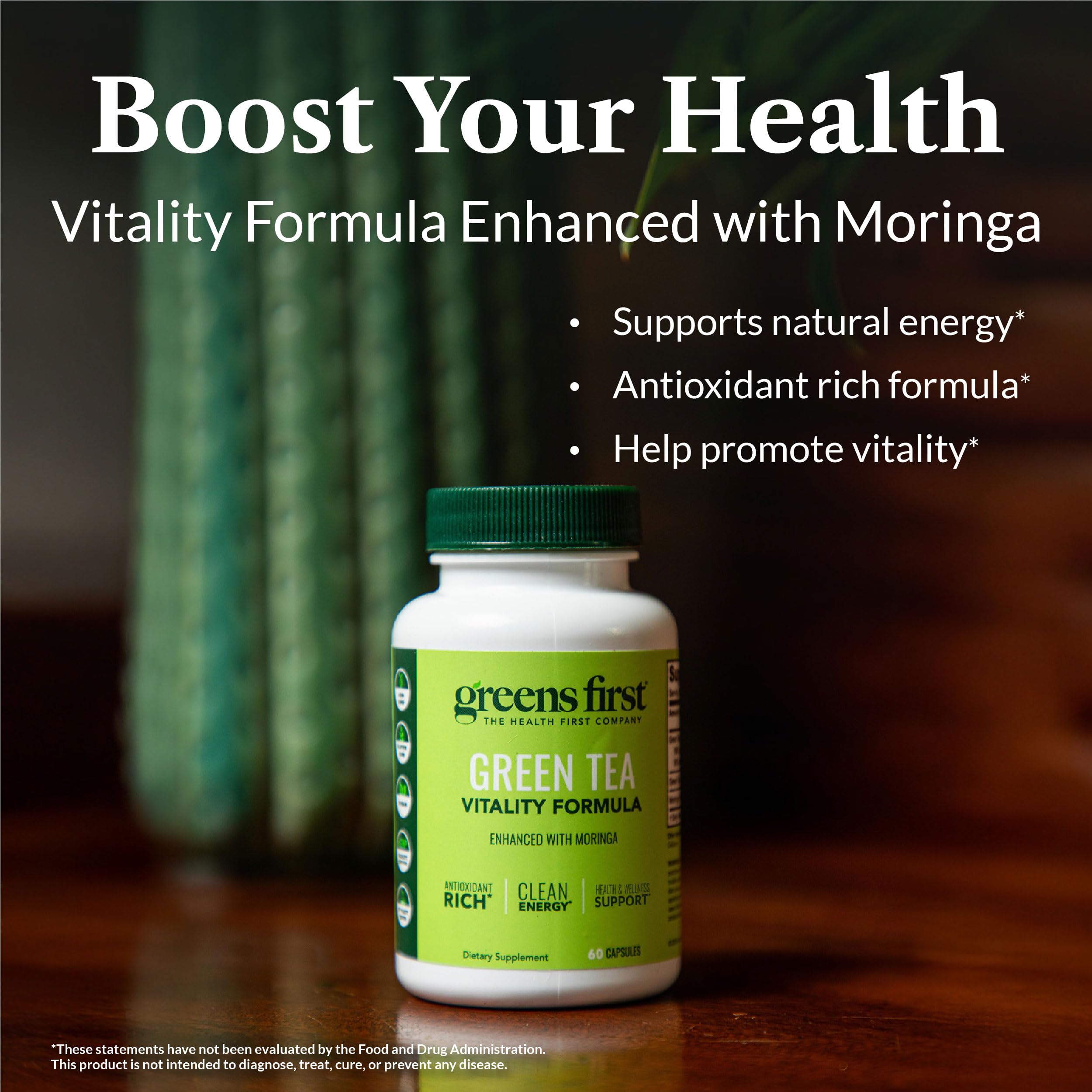 Greens First packaging label emphasizes vegan, gluten-free wellness.