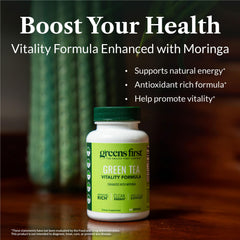 Greens First packaging label emphasizes vegan, gluten-free wellness.