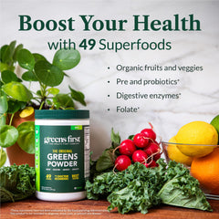 Greens First ingredients jar showing organic fruits and vegetables for clean nourishment.