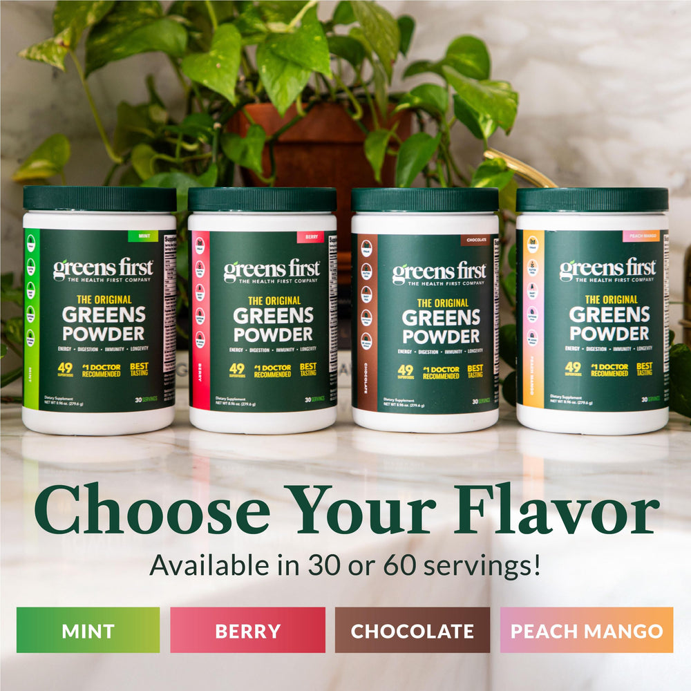 Greens First label confirms vegan, non-GMO formula with no artificial additives.