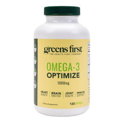Greens First Omega-3 Optimize bottle shown with premium, purified formula for daily heart support.