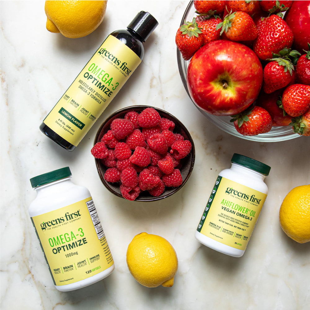 Greens First Omega-3 Optimize heart-health visual hints at cardiovascular support.