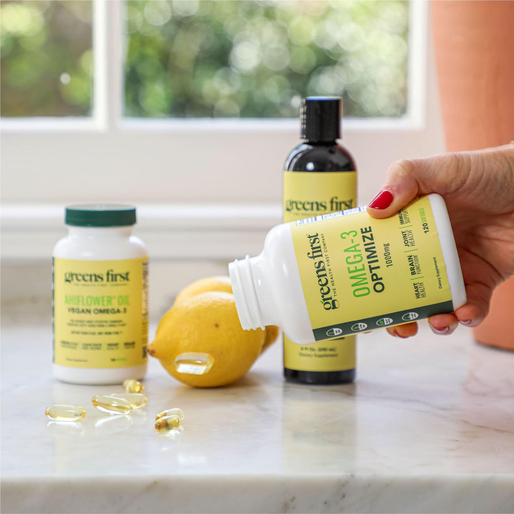 Greens First Omega-3 Optimize pour image suggests simple daily dosing.