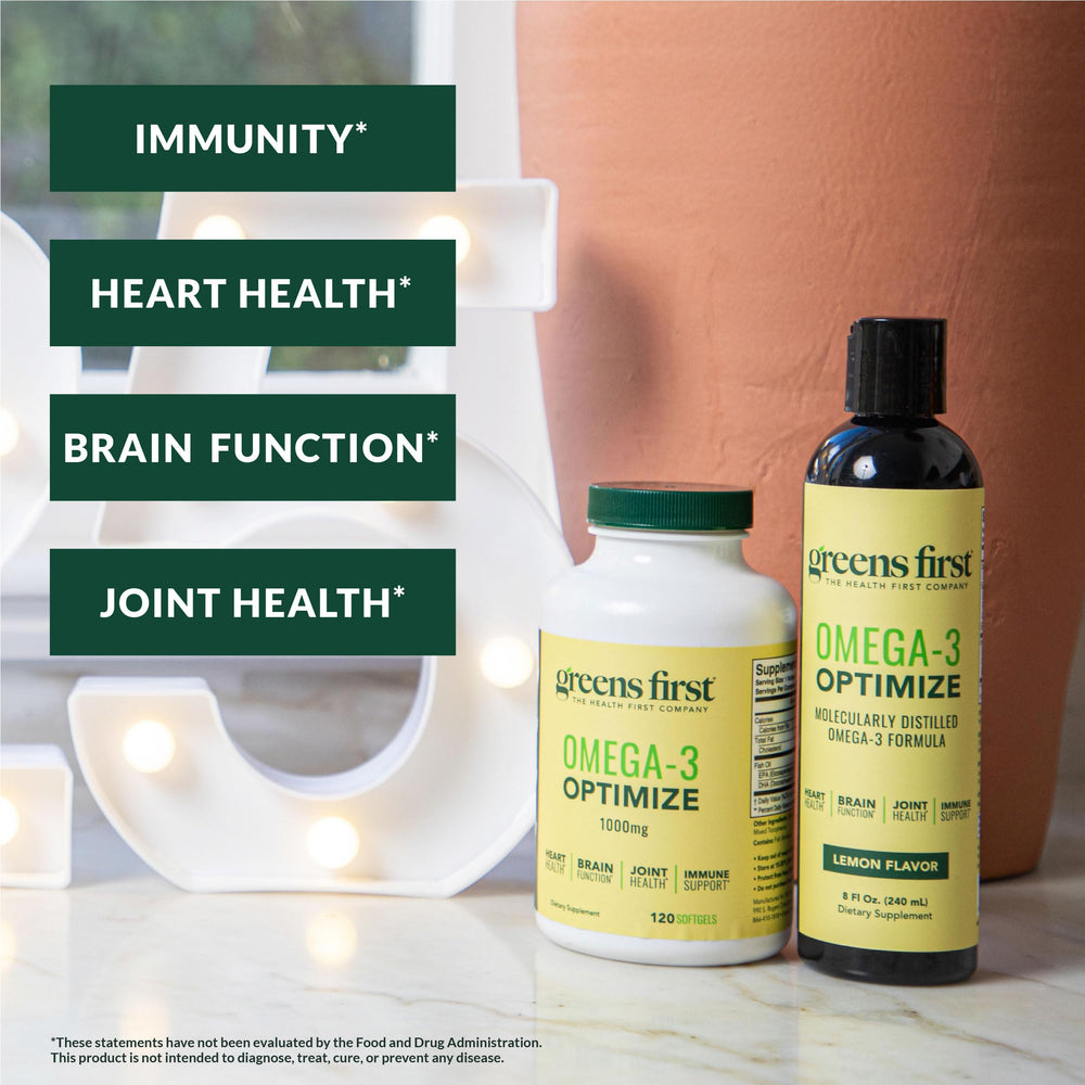 Greens First Omega-3 Optimize softgels closeup highlights potent EPA/DHA for brain and joints.