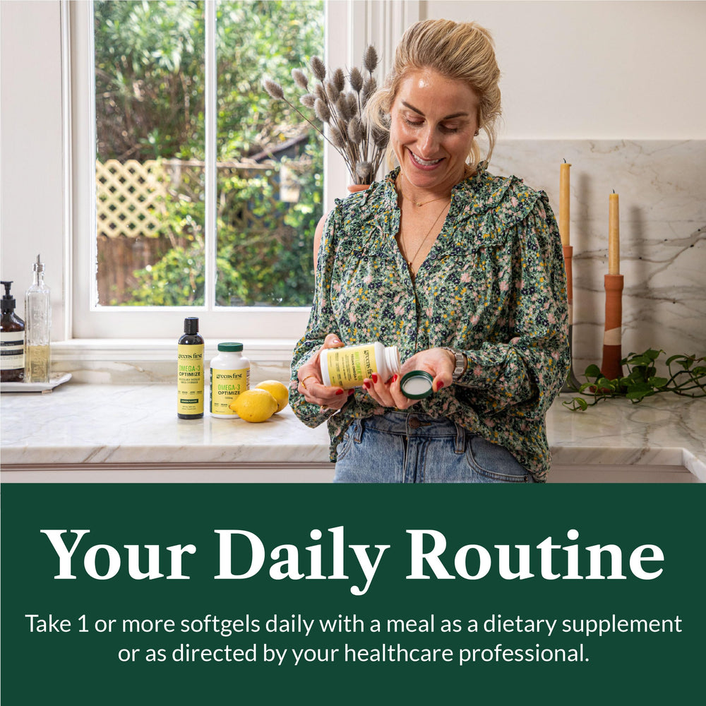 Greens First Omega-3 Optimize ultra-purified form highlights clean, high-quality oil.