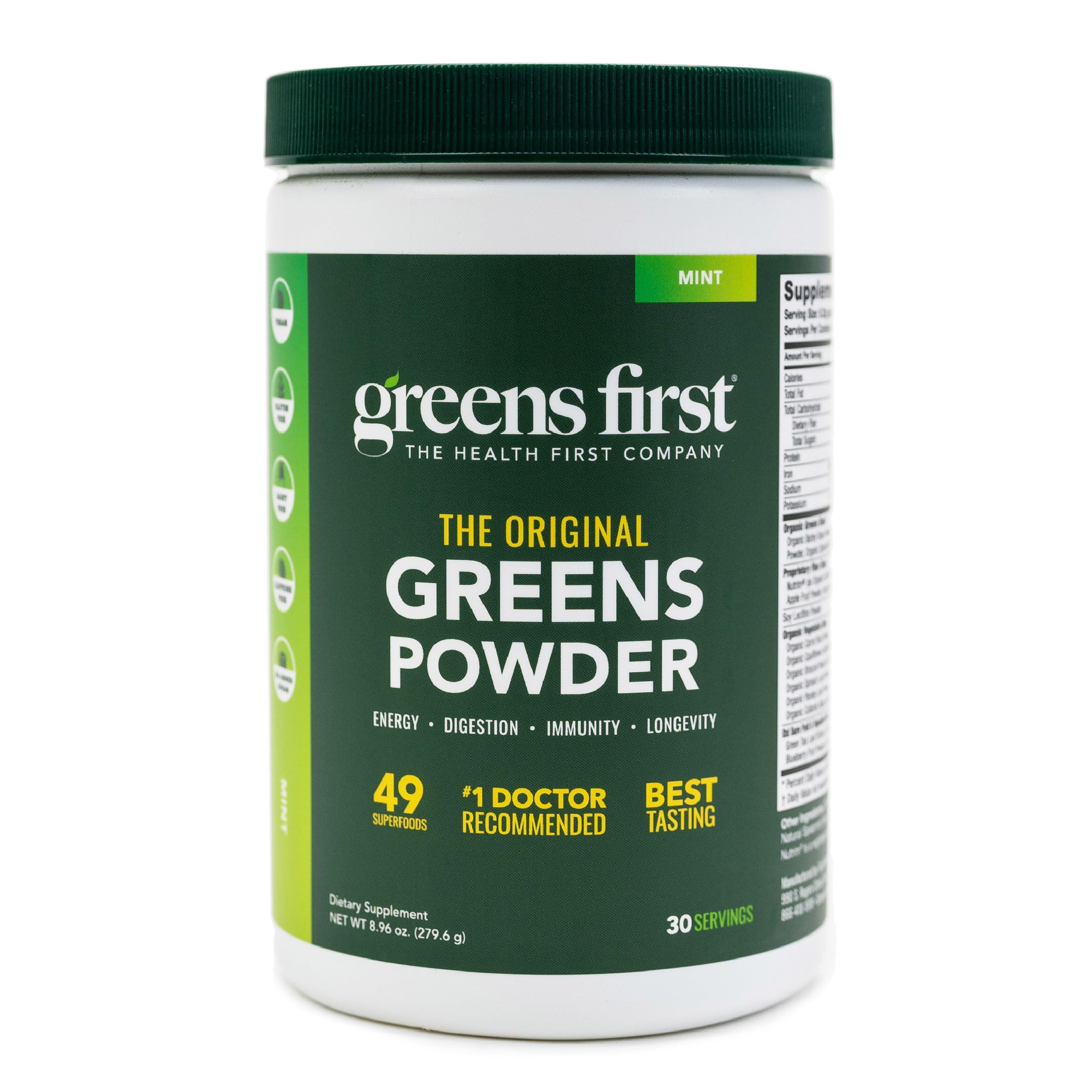 Greens First powder tub for easy daily greens and antioxidant support.