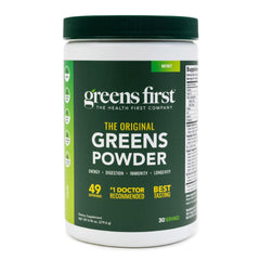 Greens First powder tub for easy daily greens and antioxidant support.