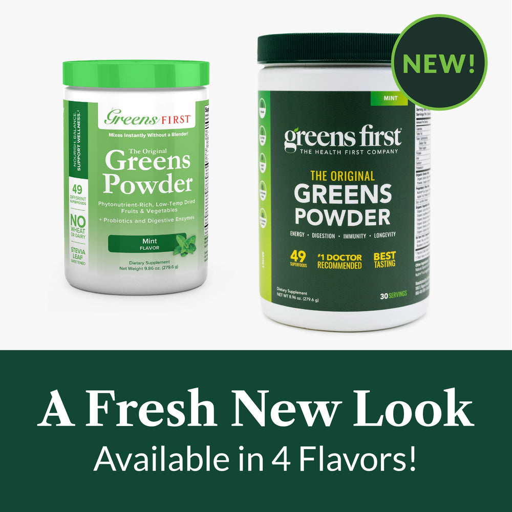 Greens First glass with smoothie highlights dairy-free, vegan nutrition.